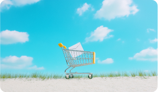 imagem de um carrinho de compras em uma areia com grama